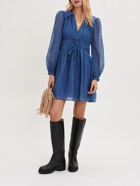 Aje Blue V-Neck Long-Sleeve Mini Dress